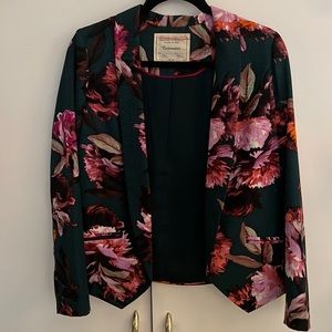 Anthropologie green and floral open front blazer